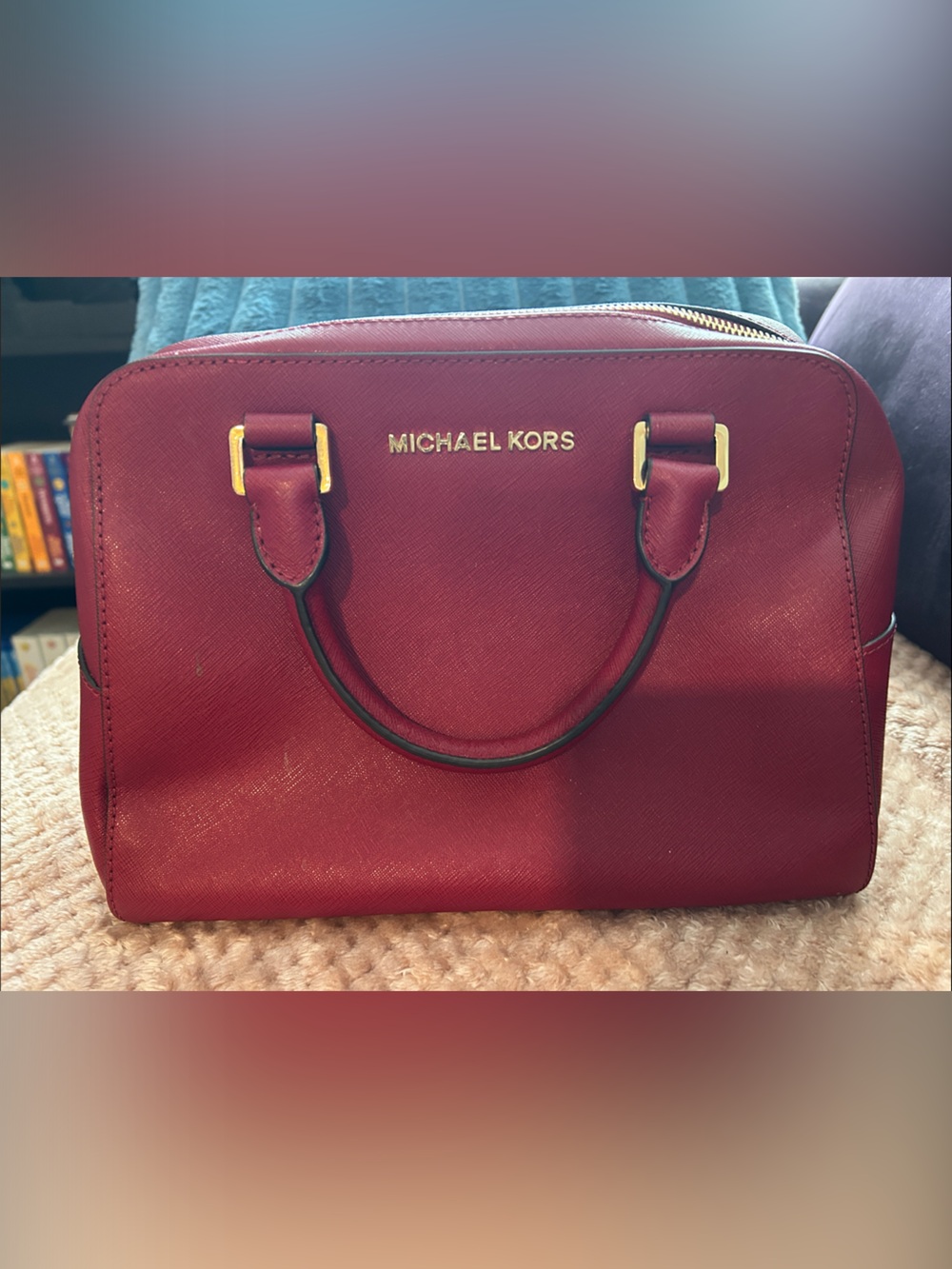 Michael Kors Burgundy Saffiano Leather Satchel with Gold Hardware